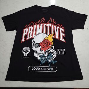 Primitive Skateboarding Loud As Ever Flaming Skull Rose Black T Shirt Large NWOT